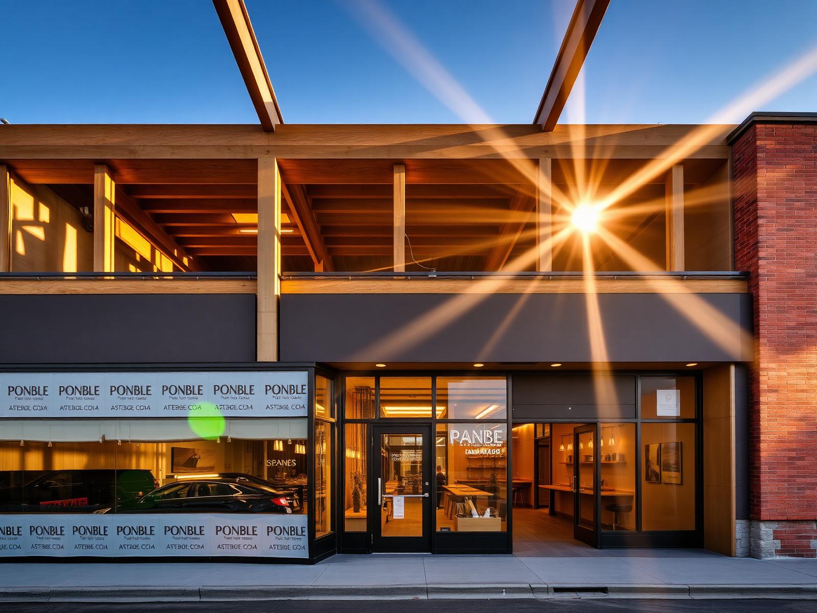 Restaurant storefront under construction at golden hour